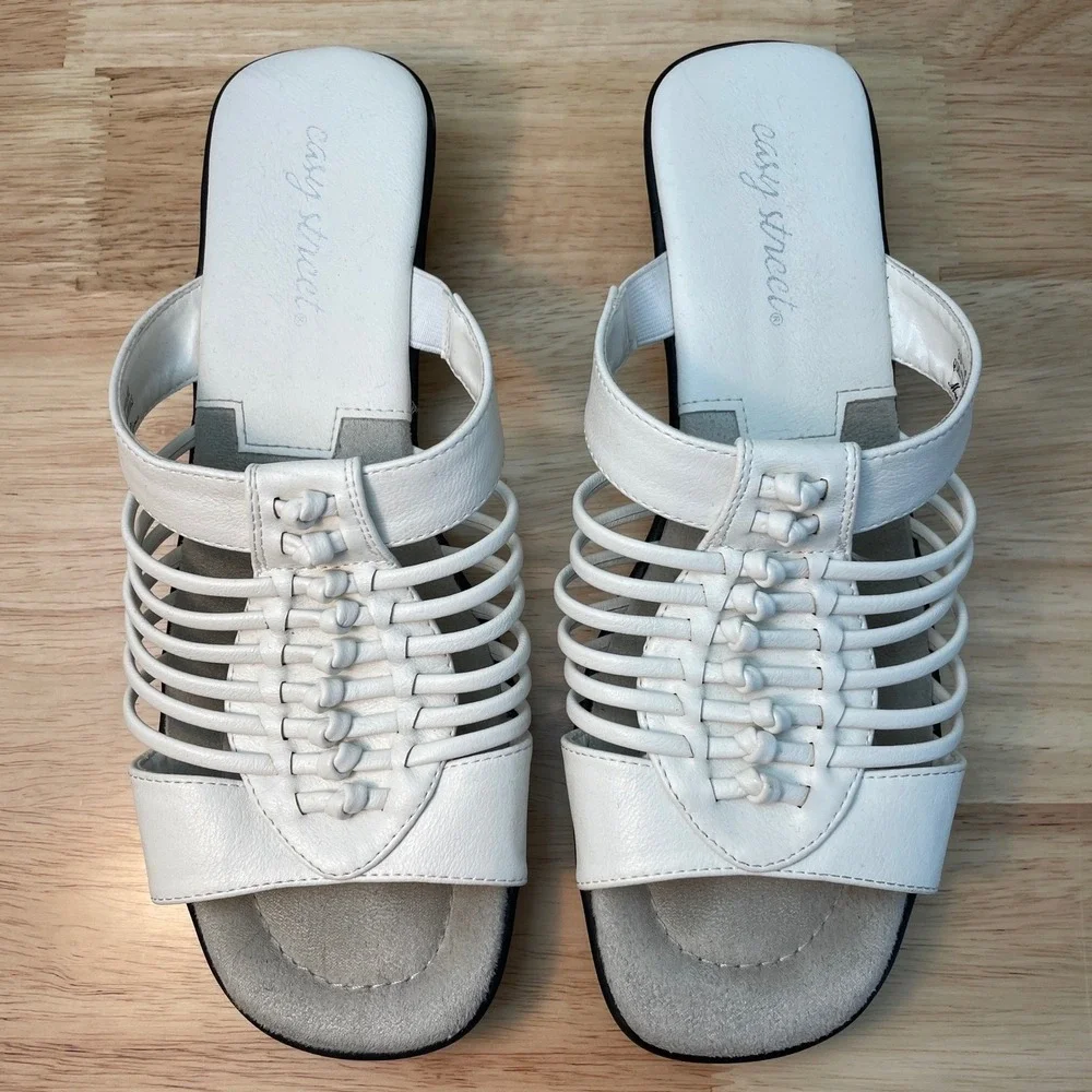 Easy Street Womens White Strappy Wedge Sandals Slide Mule 30-7873 Size‎ 9.5M